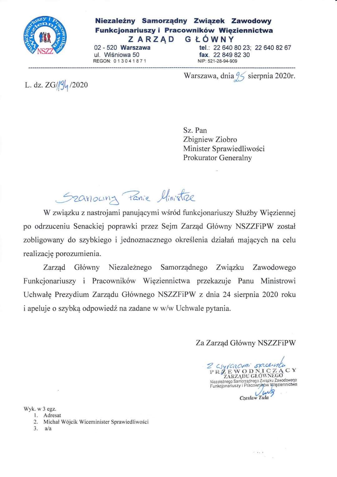 Uchwała Prezydium Zarządu Głównego NSZZFiPW skierowana do Ministra Sprawiedliwości.
